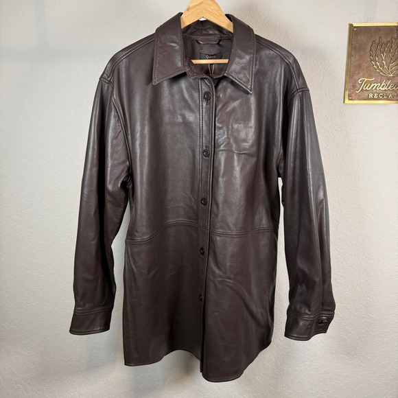 Quince Brown Leather Button Up Shirt Jacket Women's Large Oversized - Picture 2 of 9